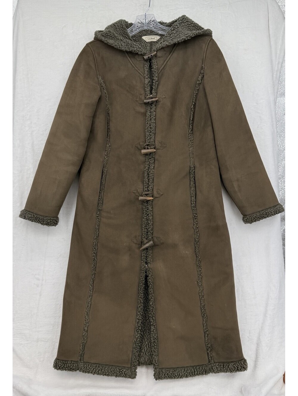LL Bean Faux Shearling Long Duffle Jacket Coat Hooded Toggle Brown Womens XSP